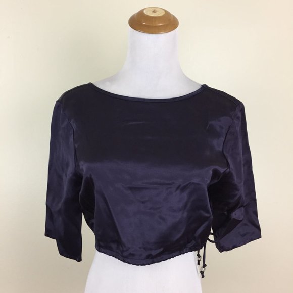 ODE TO JEUNE Dark Purple Sateen/Satin Drawstring Hem Cropped Shirt Top - Picture 5 of 9